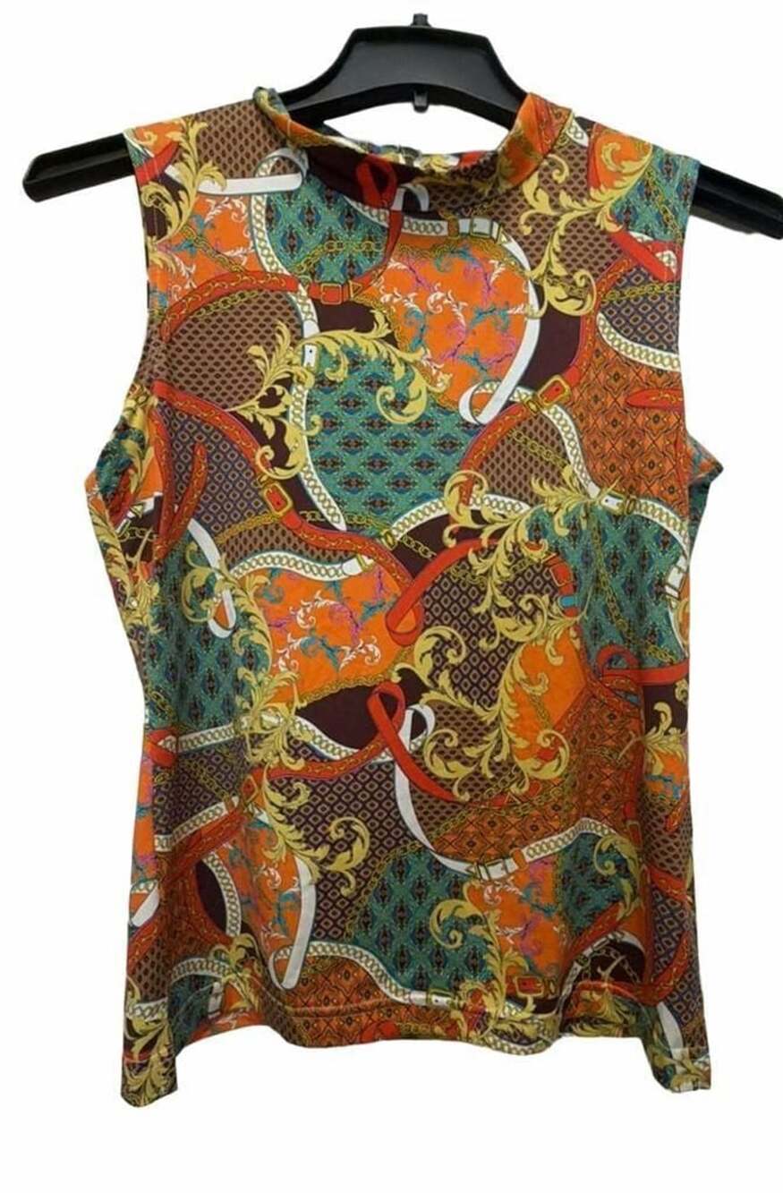 Sara Campbell Chain And Belt Print Mock Neck Sleeveless Top